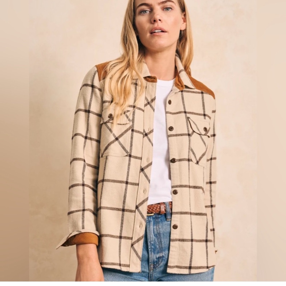 Faherty Cream Windowpane Button-Down Shirt Jacket with Tan Accents